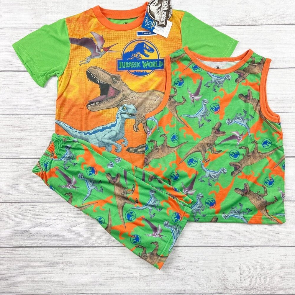 Jurassic World Boys Pajamas 3pc Set Dinosaur Sleepwear Shirt Tank Pants NWT 8 - Picture 1 of 8